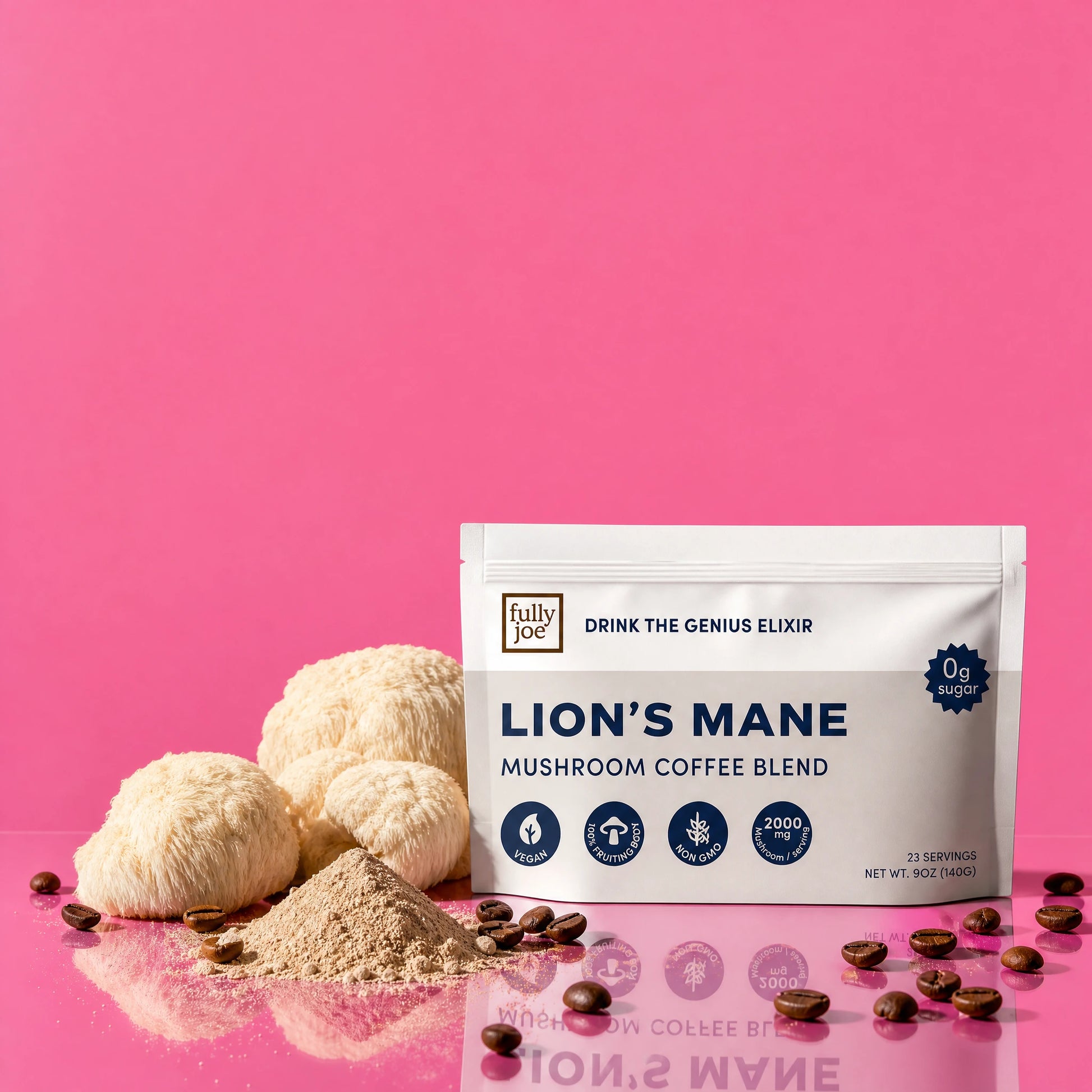 A packet of Fully Nutrition Lion's Mane mushroom coffee blend is shown with two lion's mane mushrooms, coffee beans, and a mound of powder on a pink background.