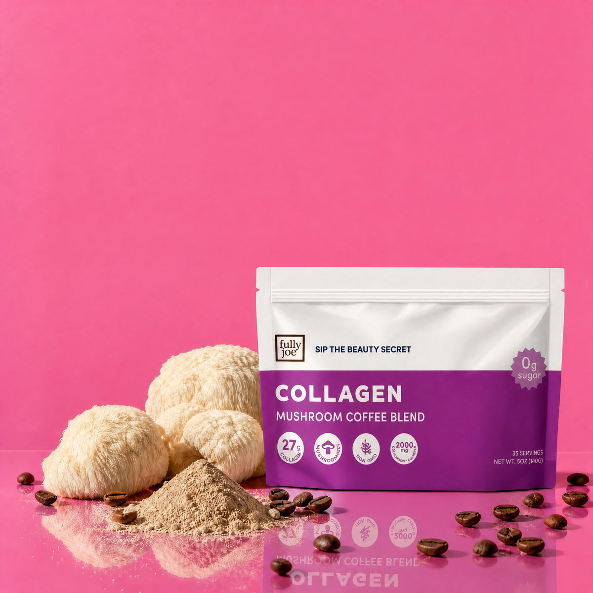 A bag of Fully Nutrition Collagen Mushroom Coffee is displayed alongside brain-boosting mushrooms, coffee powder, and coffee beans on a pink background.