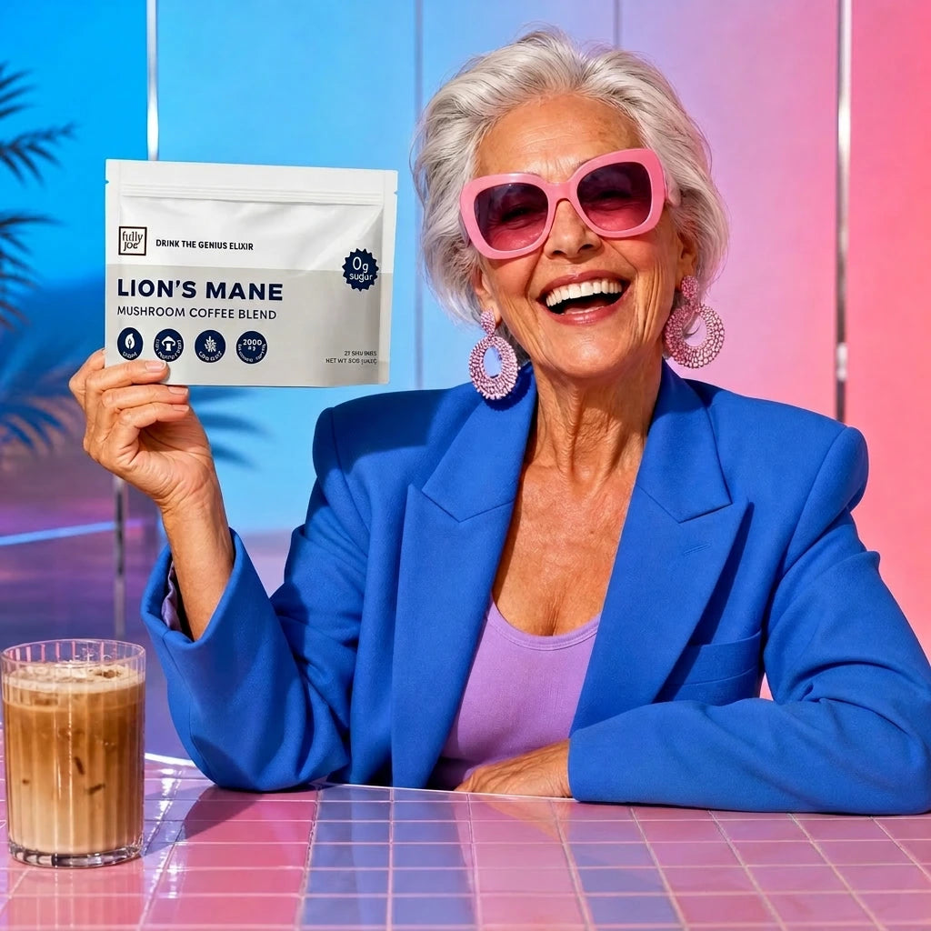An older woman in bright clothing and pink sunglasses smiles while holding a Fully Nutrition Lion's Mane package next to a glass of iced coffee on a tiled table.