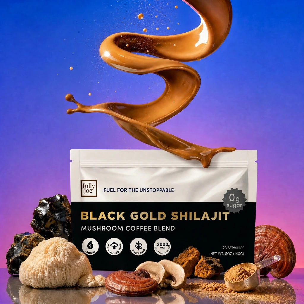 A bag labeled "Fully Nutrition Shilajit Coffee" from Fully Nutrition is surrounded by mushrooms and shilajit, with coffee splashing above it against a purple gradient background.