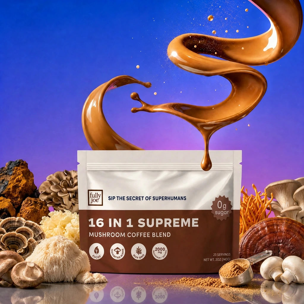 A packet of Fully Nutrition 16 in 1 Mushroom Blend Coffee from Fully Nutrition is surrounded by various mushrooms, with swirling coffee splashes above it on a purple gradient background.