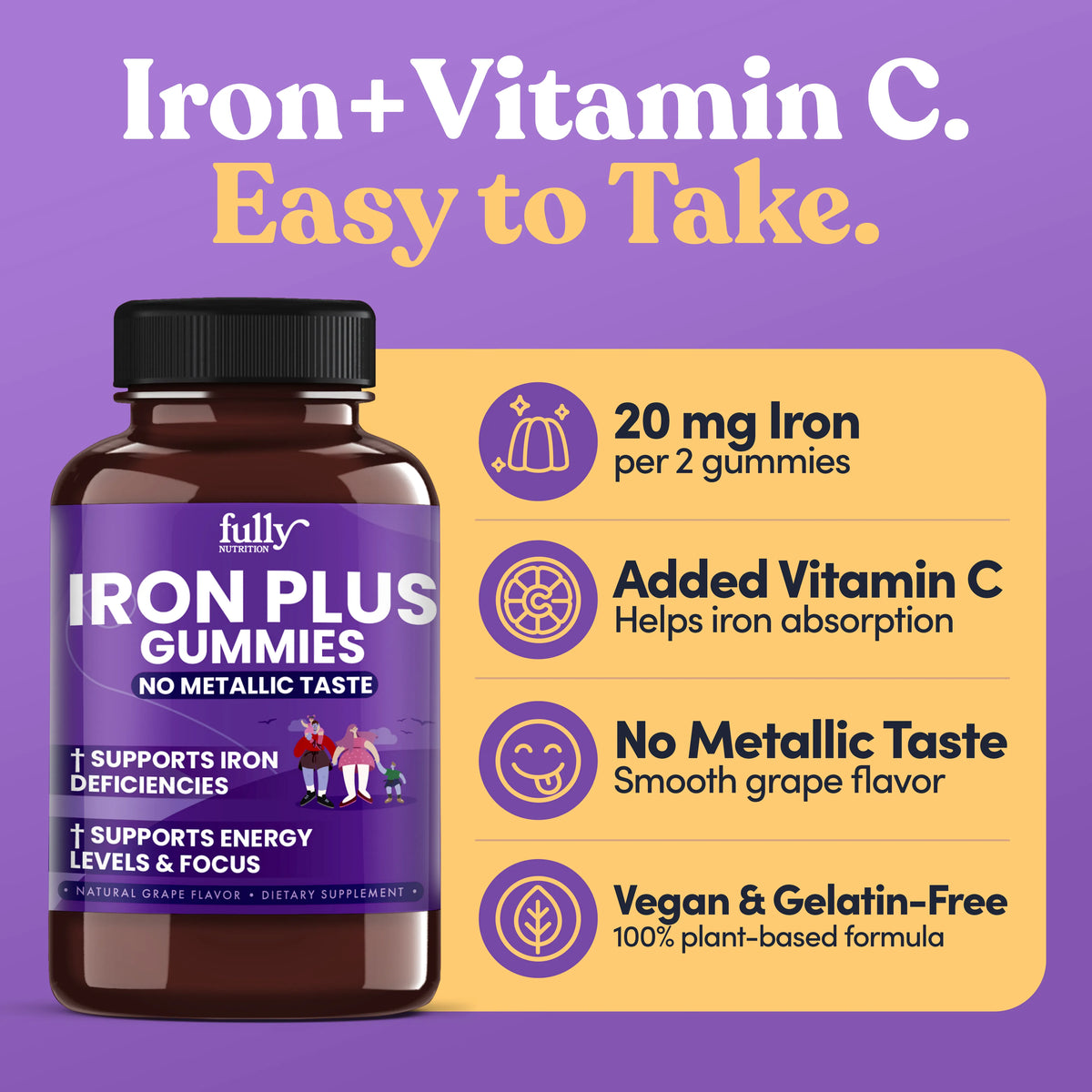 A bottle of Iron Plus Gummies next to a list of benefits including 20mg of iron, added Vitamin C, and no metallic taste in this vegan energy supplement formula.