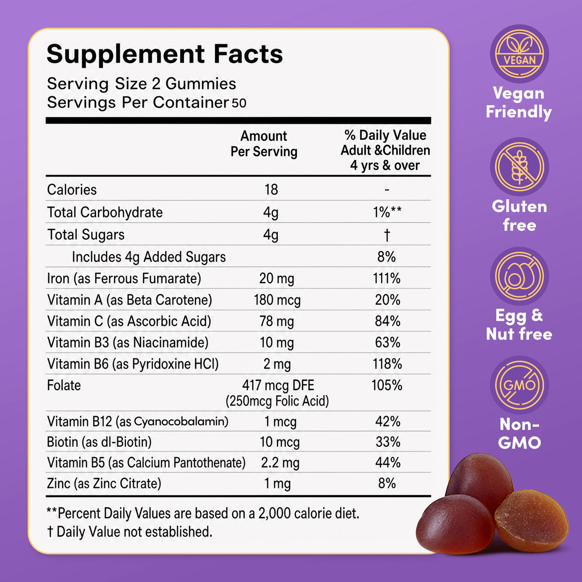 Supplement facts label for Iron Plus Gummies, listing nutrients like zinc and vitamins with icons indicating the product is vegan, gluten-free, egg-free, nut-free, and non-GMO.