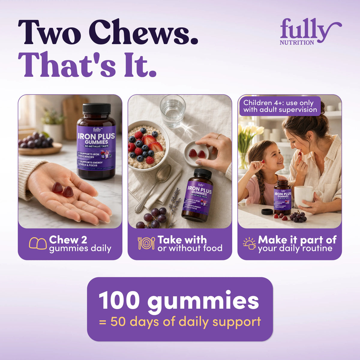 Infographic for Iron Plus Gummies vegan iron energy supplement, showing how to take two daily with or without food for a 50-day supply.