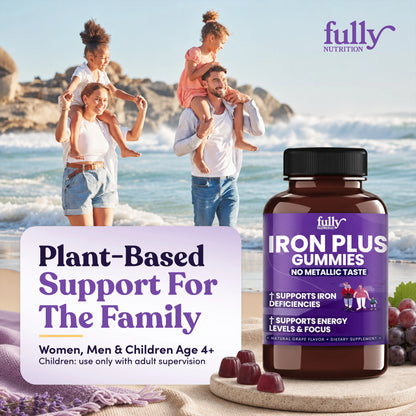 Iron Plus Gummies vegan iron supplements next to a pile of gummies, in front of a family playing on a beach, with text stating “Plant-Based Support For The Family.”.