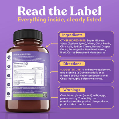 A bottle of Iron Plus Gummies next to a text overlay listing ingredients, usage directions, and allergen warnings for this energy supplement.