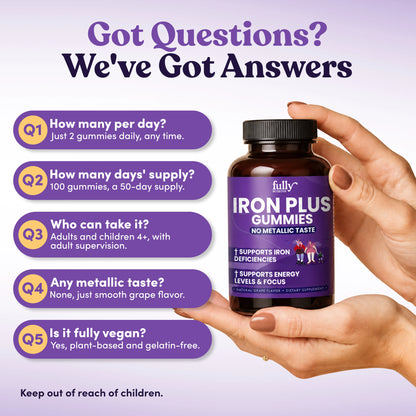 A hand holds a bottle of Iron Plus Gummies next to a list of five frequently asked questions about dosage, supply, suitability, taste, and ingredients for this energy supplement.