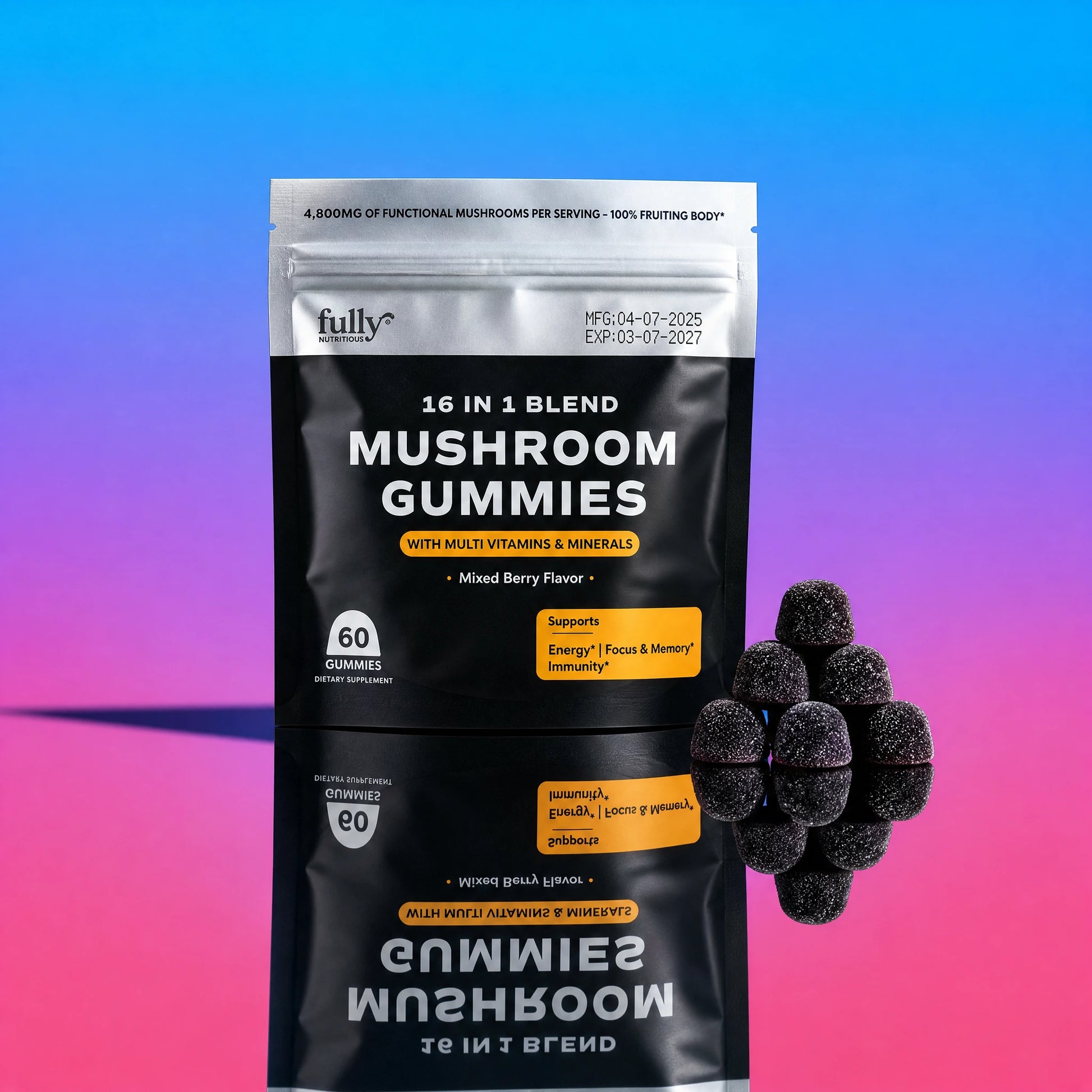 A bag labeled "Fully Nutrition 16 in 1 Mushroom Gummies" from the brand Fully Nutrition stands upright with a small pile of gummies beside it, set against a pink and blue gradient background.