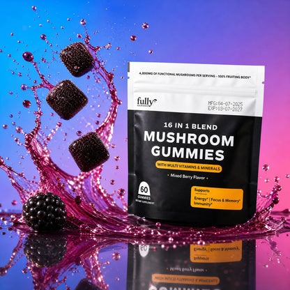 A bag of Fully Nutrition 16 in 1 Mushroom Gummies containing three gummies and a blackberry splashing in pink liquid, set against a blue and pink gradient background.