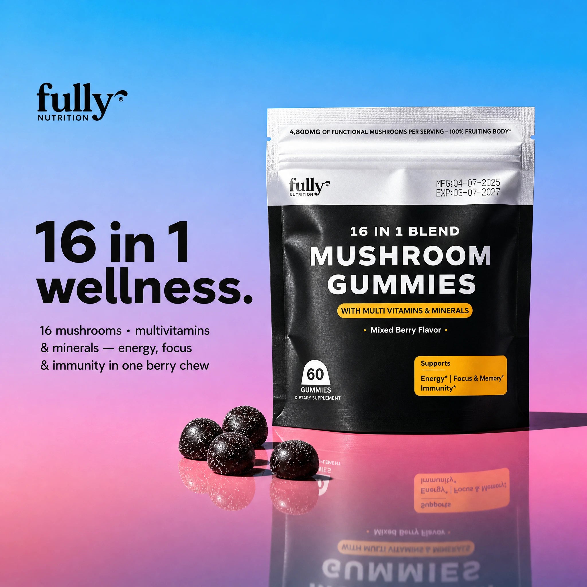 A package of Fully Nutrition 16 in 1 Mushroom Gummies by Fully Nutrition stands upright on a pink surface with several gummies displayed in front, set against a blue background. Text highlights the wellness benefits and supplement facts.