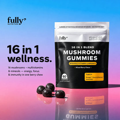 A package of Fully Nutrition 16 in 1 Mushroom Gummies by Fully Nutrition stands upright on a pink surface with several gummies displayed in front, set against a blue background. Text highlights the wellness benefits and supplement facts.