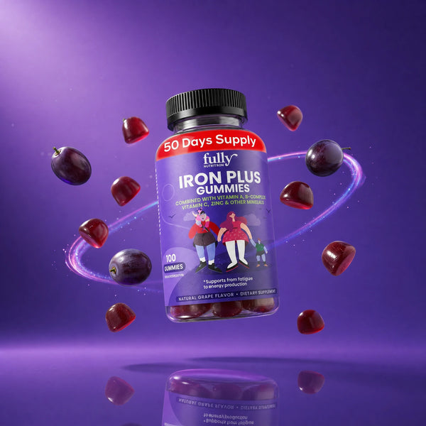 A bottle of fully-nutrition-gummies Iron Gummies with grape flavor floats surrounded by iron gummies and grapes against a purple background. The label mentions a 50-day supply, key vitamins, and highlights that this vegan energy supplement supports daily wellness.