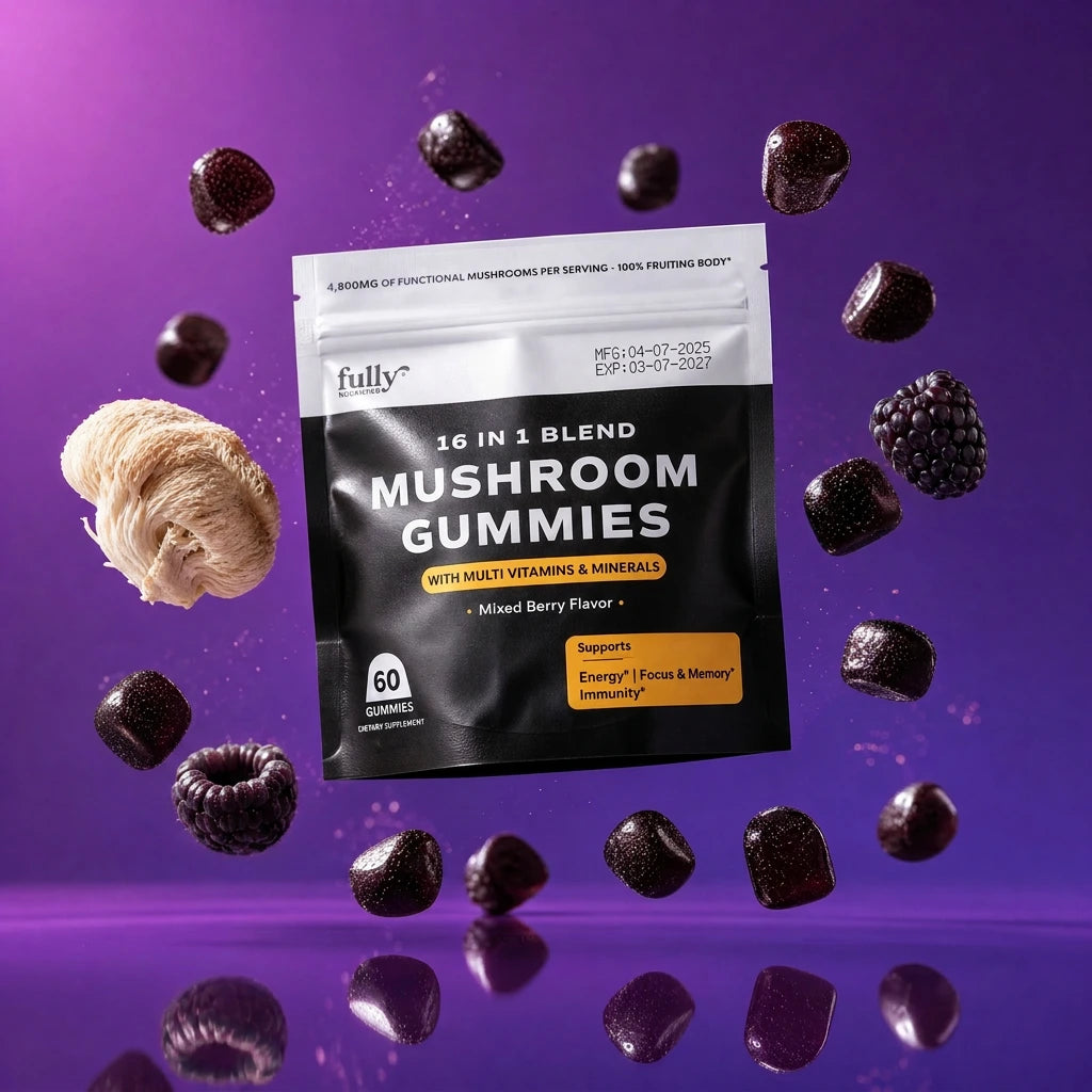 A package of Fully Nutrition 16 in 1 Mushroom Gummies by Fully Nutrition is surrounded by floating mushrooms, blackberries, and gummies against a purple background.