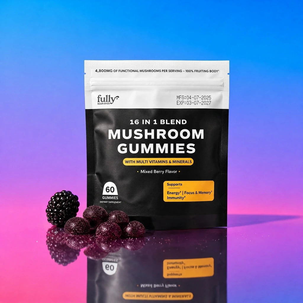 A pouch of Fully Nutrition 16 in 1 Mushroom Gummies stands upright on a purple-blue gradient surface, with blackberries and gummies scattered in front.