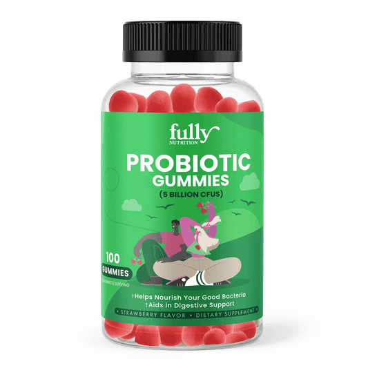 A clear image of a bottle of probiotic gummies with a yellow and white label, showing the gummies inside. The label states the product name as 'Probiotic Gummies' and the gummies are shaped in a bear form.