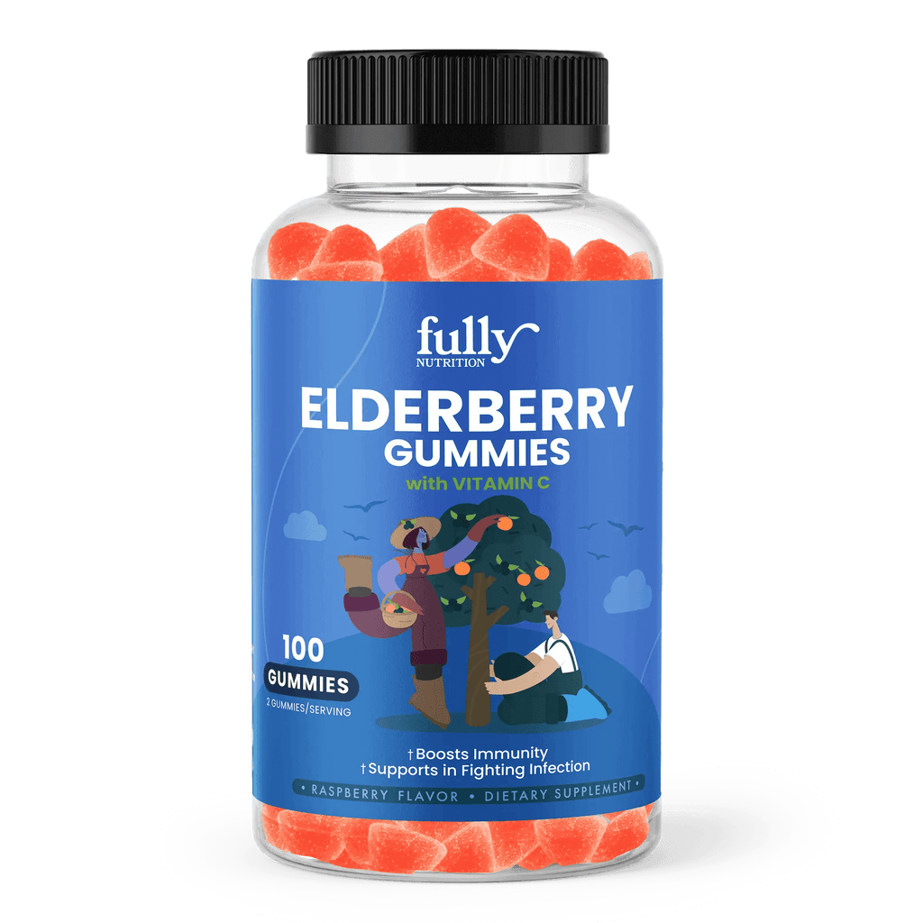Elderberry gummies supplement in a bottle with a child friendly design, perfect for boosting immunity and fighting off cold and flu symptoms