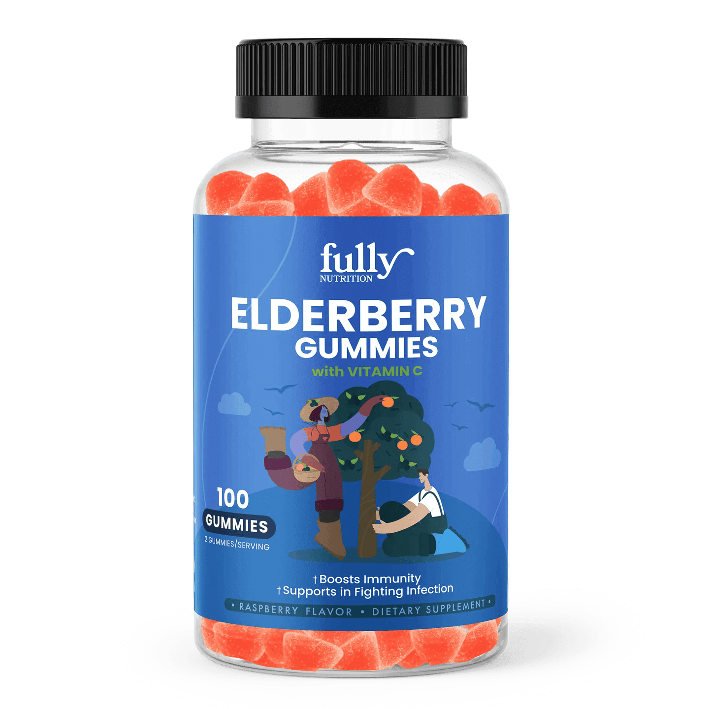 Elderberry gummies supplement in a bottle with a child friendly design, perfect for boosting immunity and fighting off cold and flu symptoms