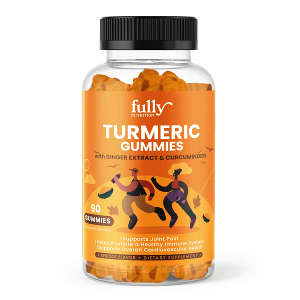 A bottle of turmeric gummies on a white background, with the label displaying the natural ingredients and benefits of consuming these gummies for overall health and wellness.