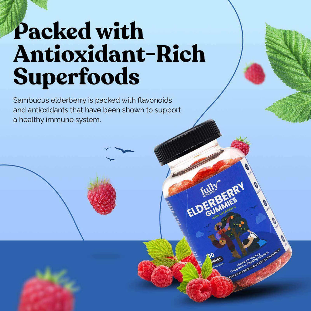 Fully Nutritious Elderberry gummies packed with antioxidant-rich superfoods, Sambucus elderberry is packed with flavonoids and antioxidants providing a boost to your daily wellness routine.