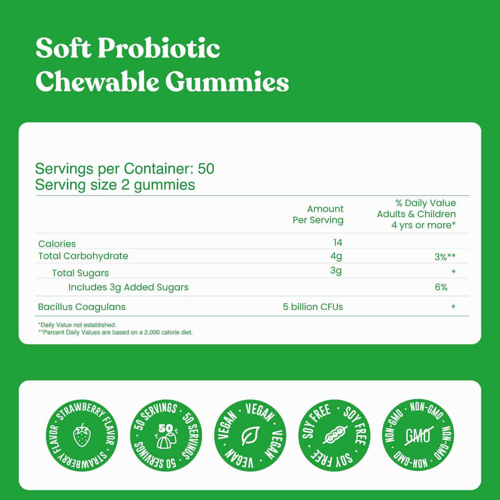 Supplement facts of our Probiotic gummies, including the daily value of Vitamins, as well as the serving size and number of servings per container.