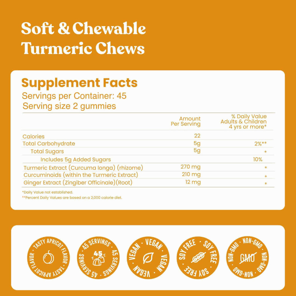 Supplement facts for Turmeric gummies including serving size, servings per container, and active ingredient amounts of Turmeric extract per serving.