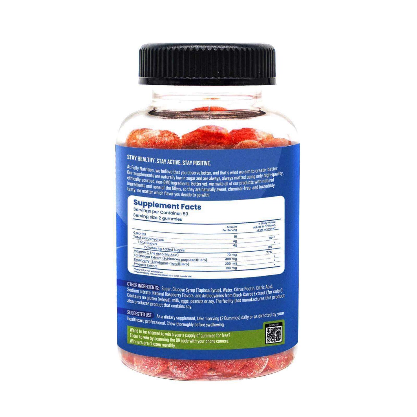Back side image of fullynutrition.com's elderberry gummies showing the nutritional information and ingredients used in the product