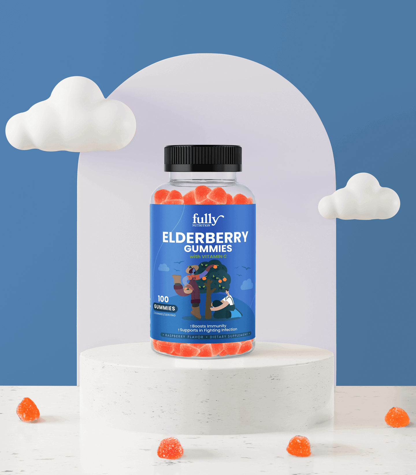 Fully Nutrition Elderberry gummies displayed against a beautiful sky background, providing year-round immunity support for your entire family