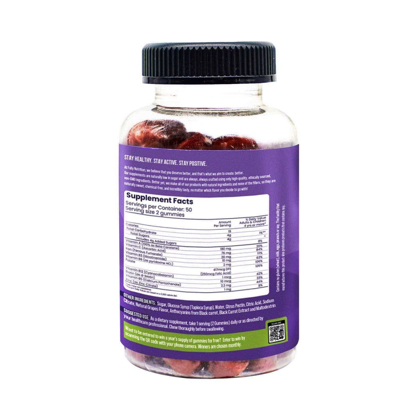 Image of back side of packaging for Iron gummies, showing nutritional information and ingredients list.