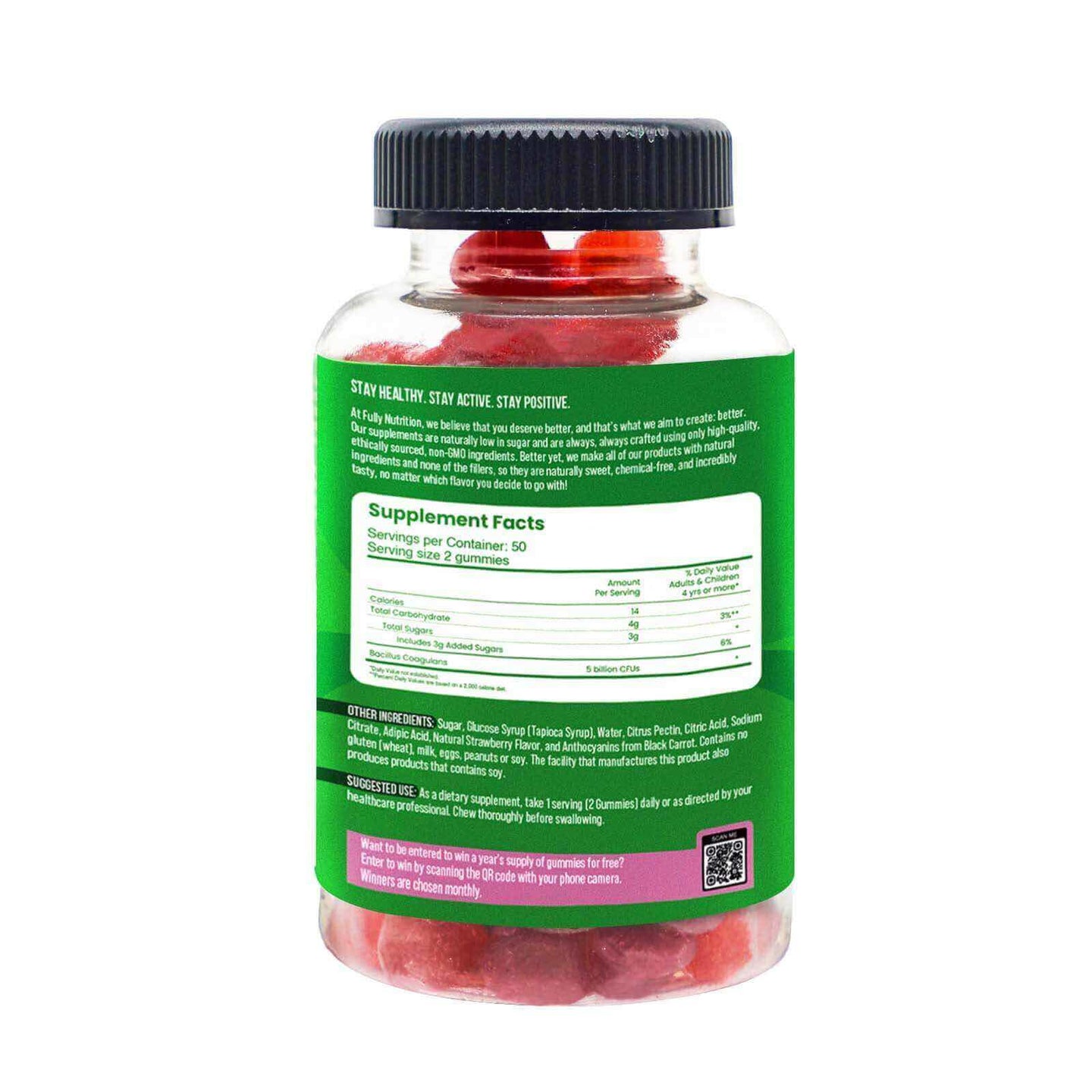 Image of back of a bottle of probiotic gummies showing the supplement facts, ingredients and dosage information