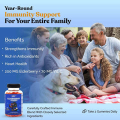 Fully Nutritious Elderberry gummies, provide year-round immunity support for your entire family. Made with high-quality ingredients and packed with antioxidant-rich superfoods, our gummies are a convenient and delicious way to support your immune system.