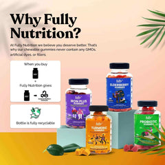 Image of Turmeric gummies from Fully Nutrition, with the text overlay 'Why Fully Nutrition? At Fully Nutrition we believe you deserve better. That's why our chewable gummies never contain any GMOs, artificial dyes, or fillers.' The gummies are packed with antioxidant-rich turmeric and are a convenient and delicious way to support overall health.