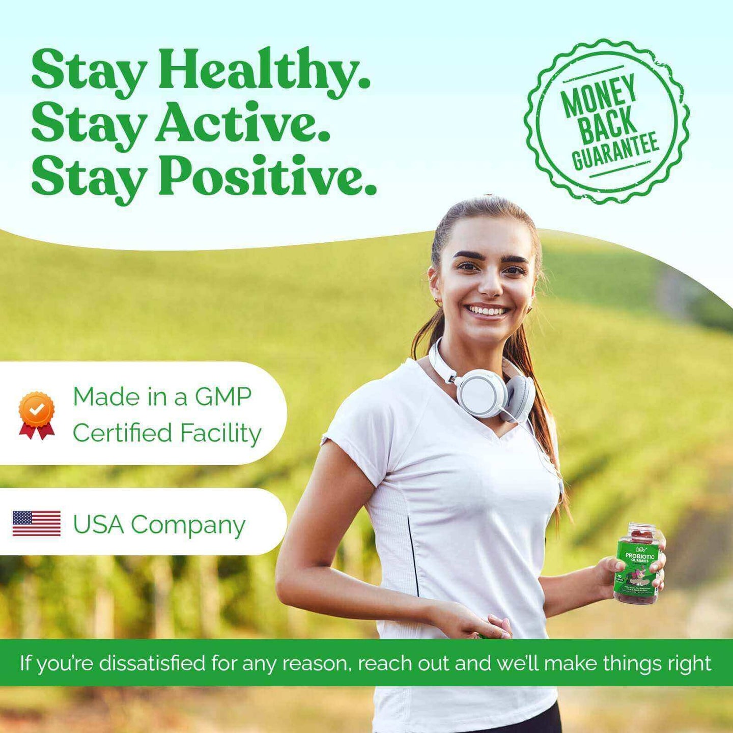 Stay healthy and support your gut health with our high-quality probiotic gummies. Made in a GMP certified facility and backed by a money-back guarantee from a USA-based company.